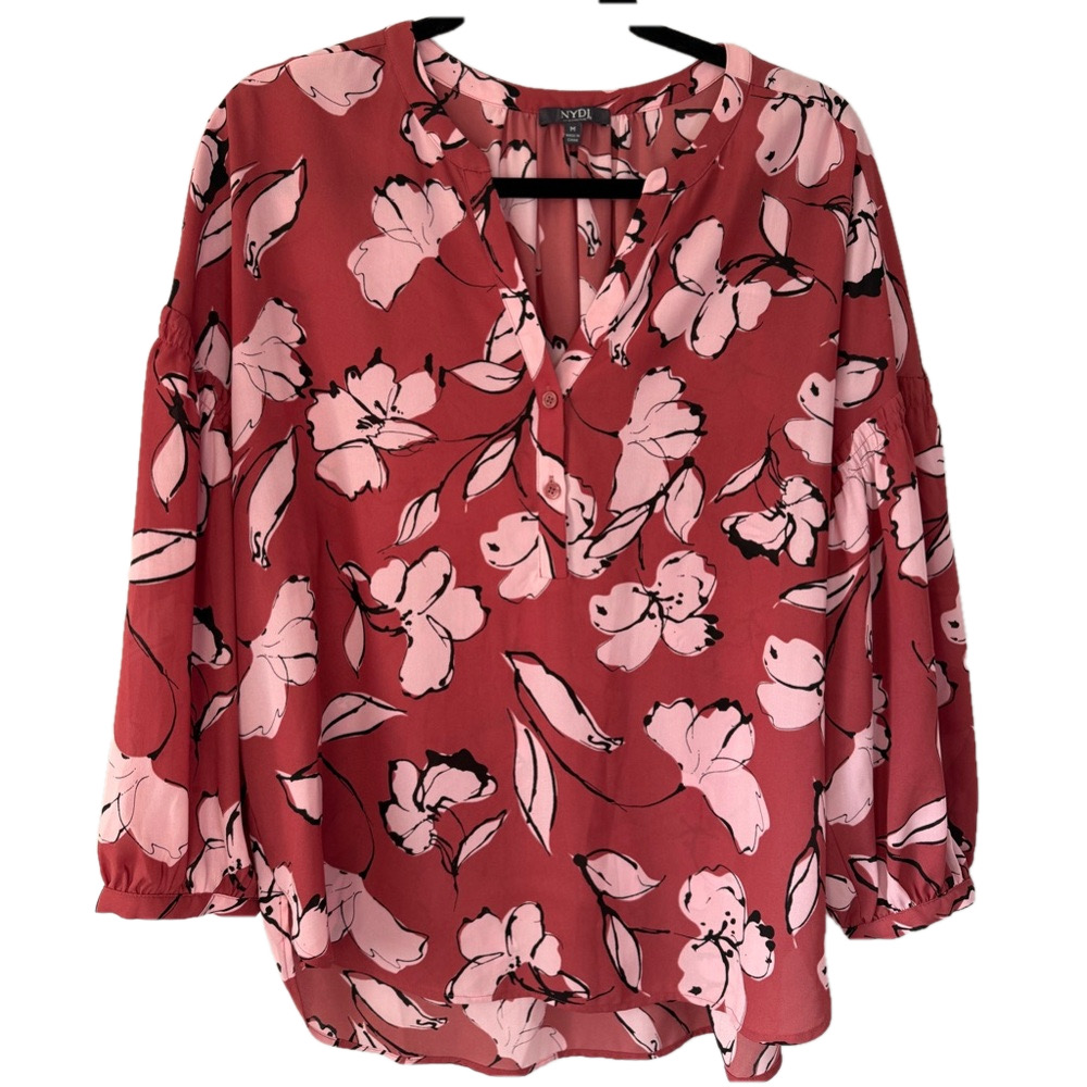 NYDJ Paulina Floral Print Split V-Neck Button Front Peasant Blouse SKU0722 - Picture 2 of 11